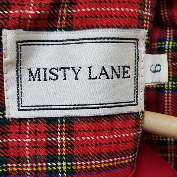 Misty Lane Dress Sz 6 Red Plaid Embroidered Crest Short Slv Midi Vintage Preppy - Picture 9 of 11